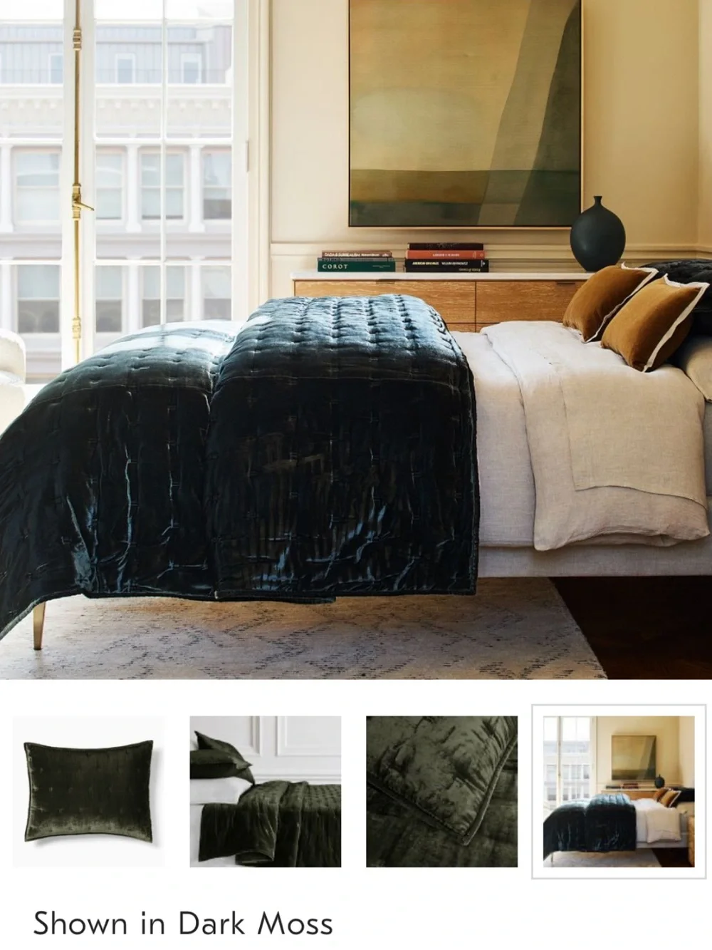 West Elm Dark Moss Velvet Quilted Comforter - Deep Green